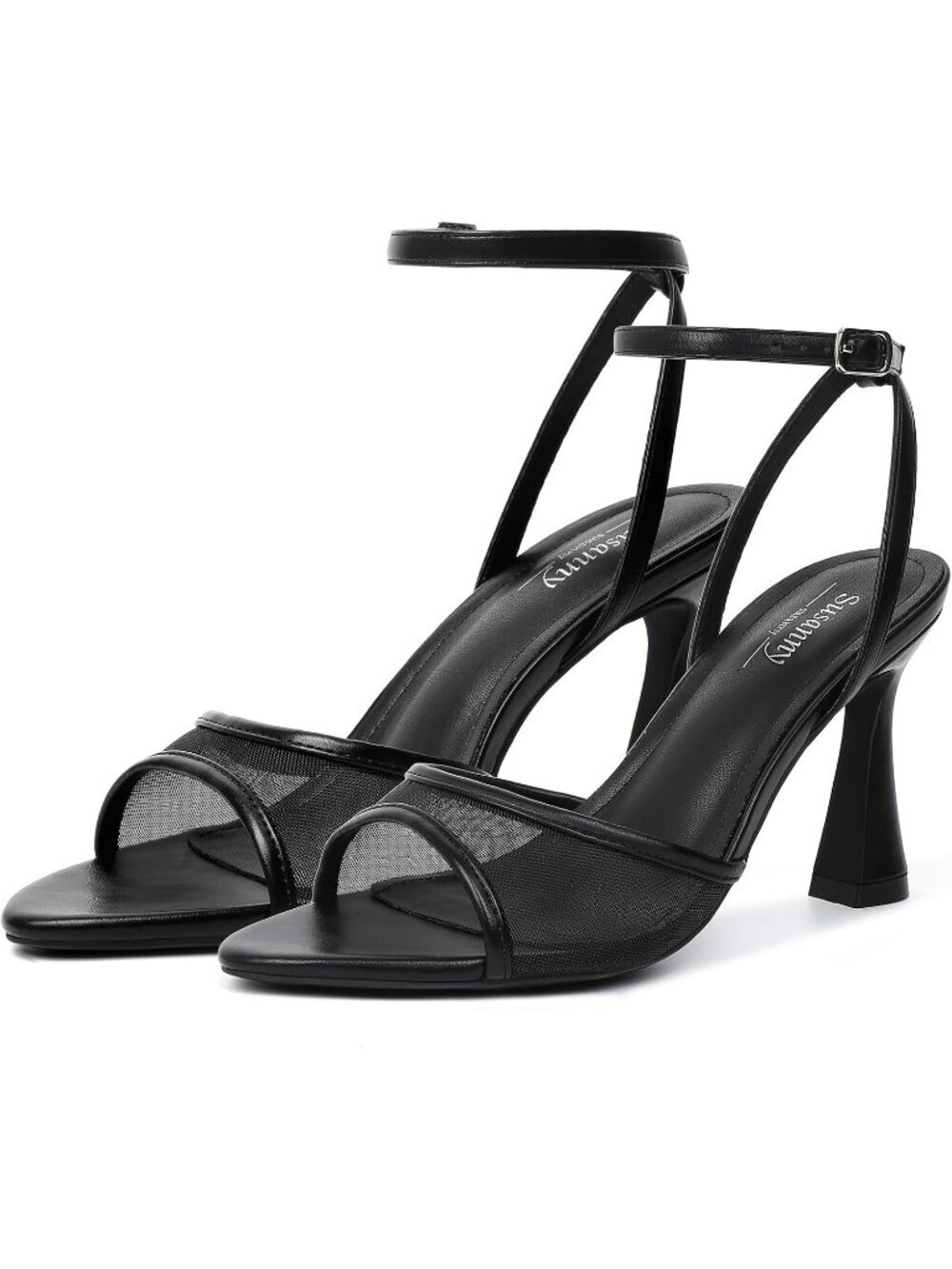 Women Black Mesh Pointed Open Toe Strappy Chunky Block Stiletto High Heels Shoes